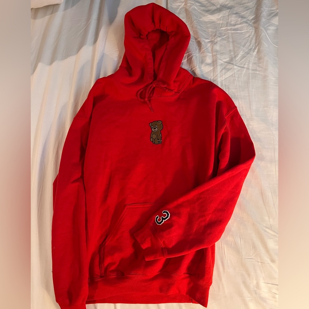Gildan Heavy Blend Red Hoodie With Bear Patch
